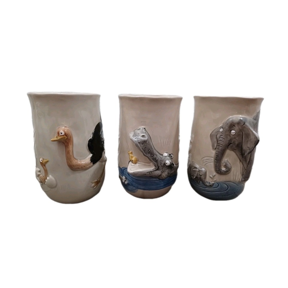 3 Vintage Quon Quon Ceramic Vessel Hand-Painted 3D Elephant Hippo Ostrich